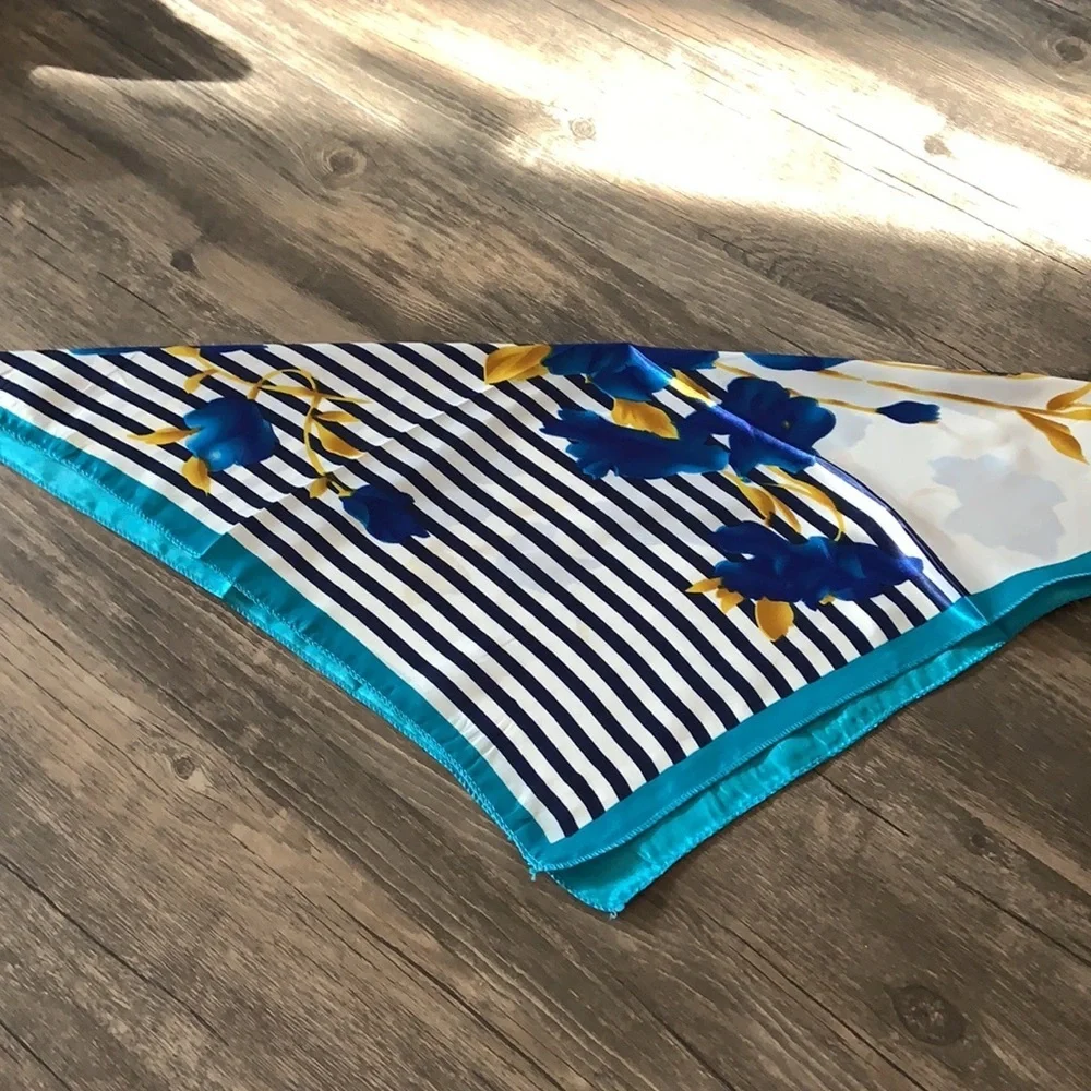 New Silky‎ Satin Stripe Blue White Yellow Floral Square Neck Scarf